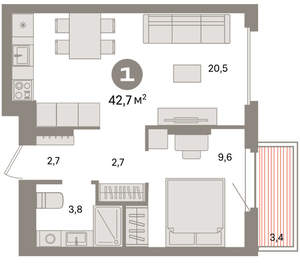 1-к квартира, вторичка, 43м2, 7/9 этаж