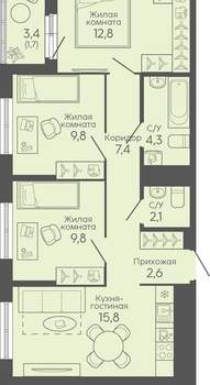 3-к квартира, вторичка, 66м2, 13/16 этаж