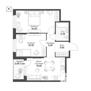 2-к квартира, строящийся дом, 58м2, 3/25 этаж