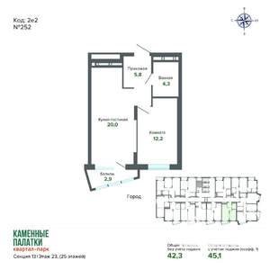 1-к квартира, вторичка, 45м2, 23/25 этаж