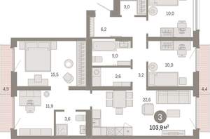 3-к квартира, вторичка, 104м2, 9/9 этаж