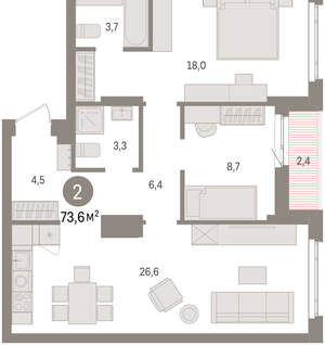 3-к квартира, вторичка, 74м2, 8/16 этаж