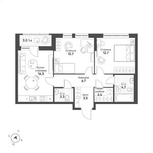 2-к квартира, строящийся дом, 63м2, 13/15 этаж