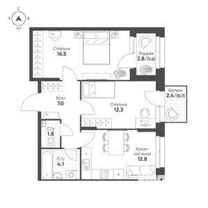 2-к квартира, вторичка, 57м2, 11/16 этаж