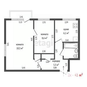 2-к квартира, вторичка, 43м2, 6/9 этаж