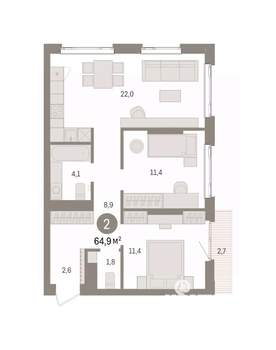 2-к квартира, вторичка, 65м2, 8/25 этаж