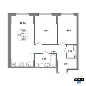 3-к квартира, вторичка, 59м2, 27/32 этаж