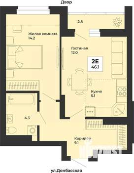 2-к квартира, строящийся дом, 46м2, 22/25 этаж