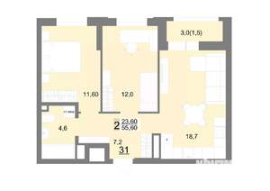 2-к квартира, строящийся дом, 56м2, 22/26 этаж