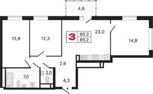 3-к квартира, строящийся дом, 85м2, 7/25 этаж