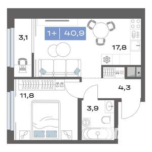 1-к квартира, строящийся дом, 41м2, 10/17 этаж