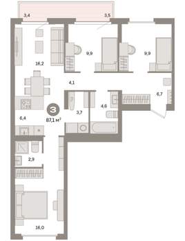 3-к квартира, вторичка, 87м2, 7/9 этаж