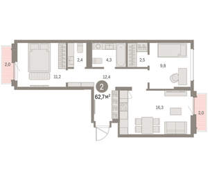 2-к квартира, вторичка, 63м2, 9/9 этаж