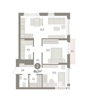 2-к квартира, вторичка, 65м2, 4/16 этаж