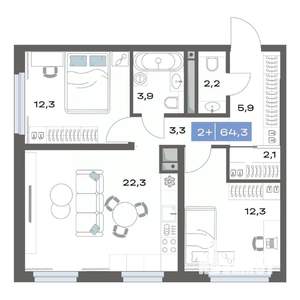2-к квартира, строящийся дом, 64м2, 1/17 этаж