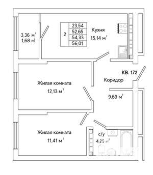 2-к квартира, строящийся дом, 56м2, 19/25 этаж