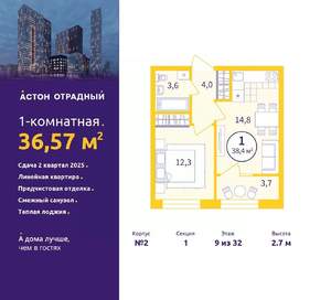 1-к квартира, сданный дом, 37м2, 9/32 этаж