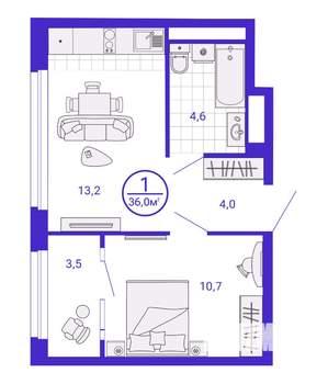 1-к квартира, строящийся дом, 34м2, 15/28 этаж