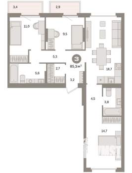3-к квартира, вторичка, 85м2, 4/9 этаж