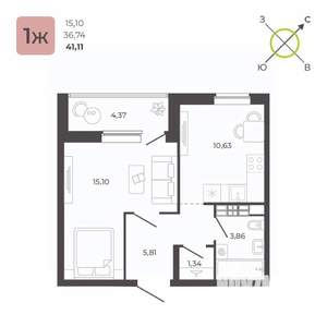 1-к квартира, вторичка, 41м2, 22/23 этаж