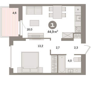 1-к квартира, вторичка, 45м2, 8/16 этаж
