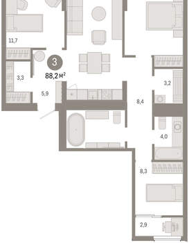3-к квартира, вторичка, 87м2, 9/9 этаж