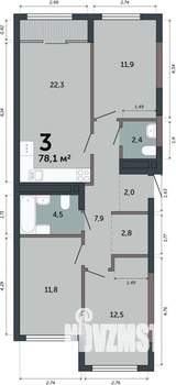 3-к квартира, строящийся дом, 78м2, 8/15 этаж