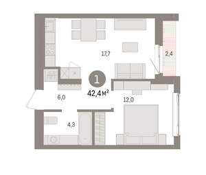 1-к квартира, вторичка, 42м2, 6/25 этаж