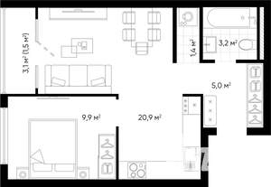 1-к квартира, вторичка, 41м2, 16/24 этаж