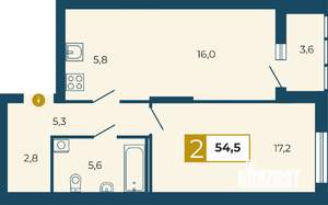 2-к квартира, строящийся дом, 55м2, 14/25 этаж