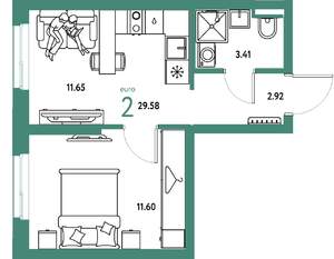 2-к квартира, строящийся дом, 30м2, 13/24 этаж