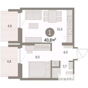 1-к квартира, вторичка, 41м2, 4/9 этаж