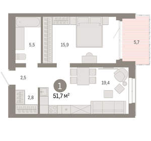 1-к квартира, вторичка, 52м2, 15/24 этаж