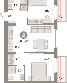 2-к квартира, вторичка, 56м2, 4/9 этаж