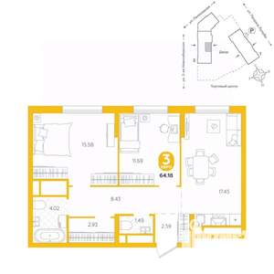 3-к квартира, вторичка, 64м2, 23/24 этаж