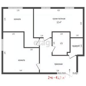 2-к квартира, вторичка, 42м2, 1/5 этаж