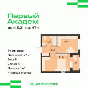 1-к квартира, вторичка, 33м2, 9/10 этаж