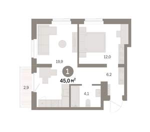 1-к квартира, вторичка, 45м2, 5/9 этаж