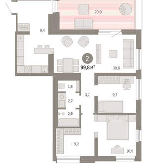 2-к квартира, вторичка, 100м2, 7/8 этаж