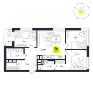 3-к квартира, вторичка, 77м2, 22/27 этаж