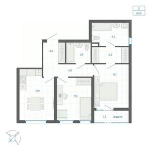 2-к квартира, вторичка, 61м2, 8/32 этаж