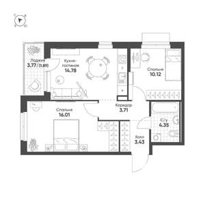 2-к квартира, вторичка, 54м2, 3/25 этаж