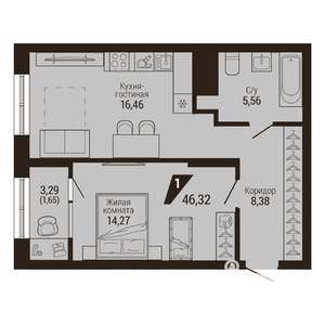 1-к квартира, вторичка, 46м2, 15/23 этаж