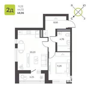 1-к квартира, строящийся дом, 49м2, 11/23 этаж