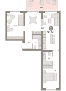 2-к квартира, вторичка, 102м2, 2/16 этаж