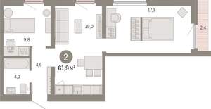 2-к квартира, вторичка, 62м2, 9/9 этаж