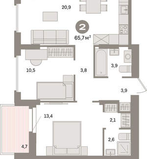 2-к квартира, вторичка, 66м2, 10/16 этаж