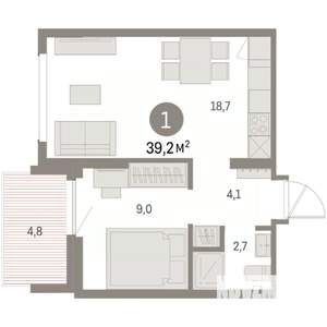 1-к квартира, вторичка, 39м2, 7/9 этаж