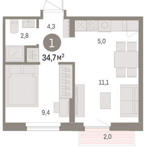 1-к квартира, вторичка, 35м2, 7/9 этаж