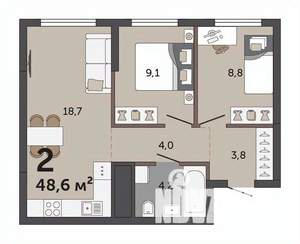 2-к квартира, вторичка, 49м2, 18/30 этаж